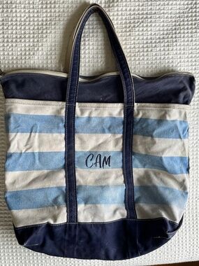 VINTAGE L.L. Bean Boat and Tote Bag Blue/White Stripe Large Canvas 80s 90s USA